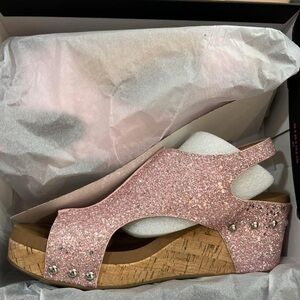 Corkys Pink Glitter Cork Wedge Sandals